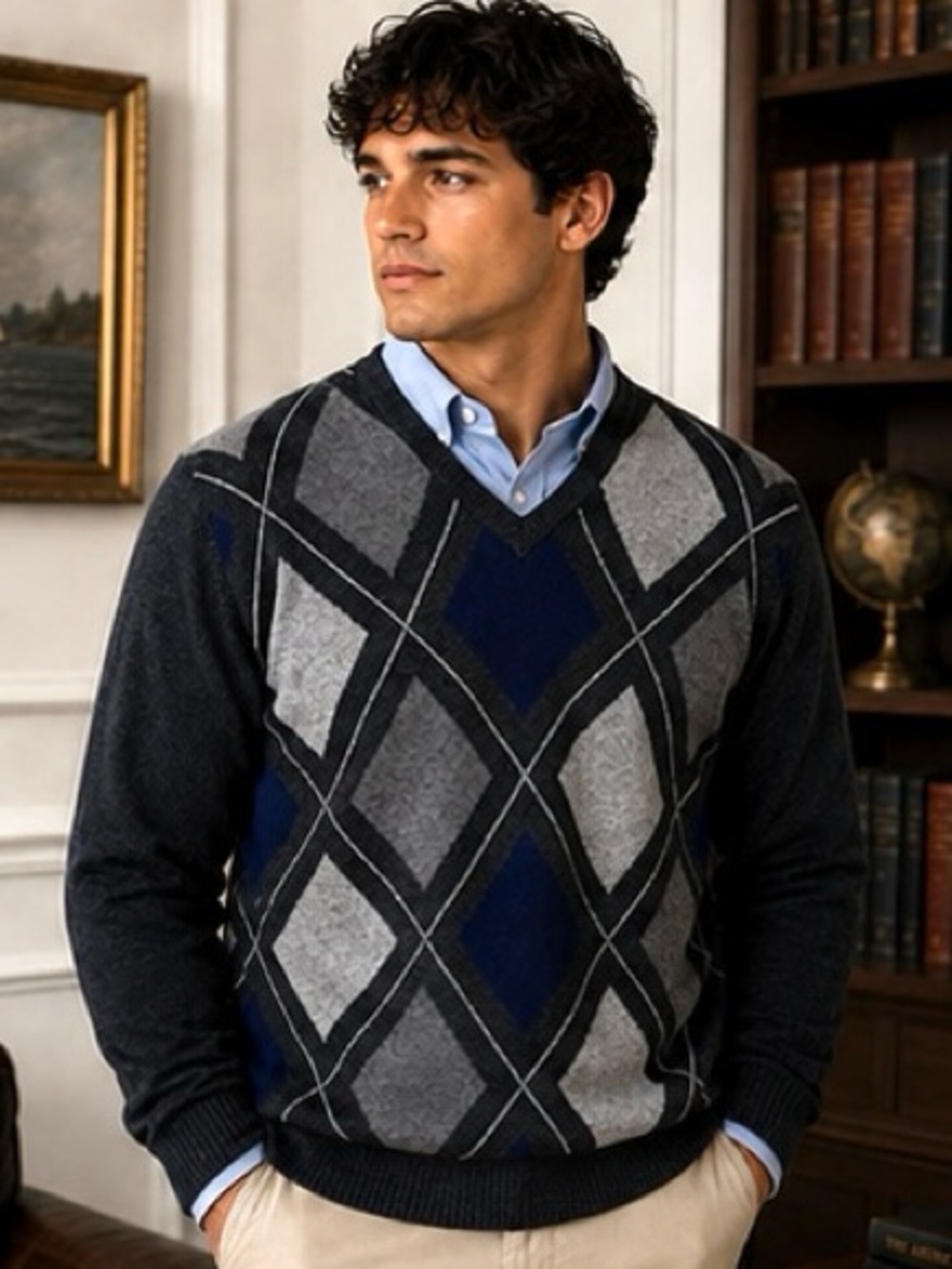 NWT Gran Sasso Italy Wool Cashmere Argyle V-Neck Sweater – Size XL